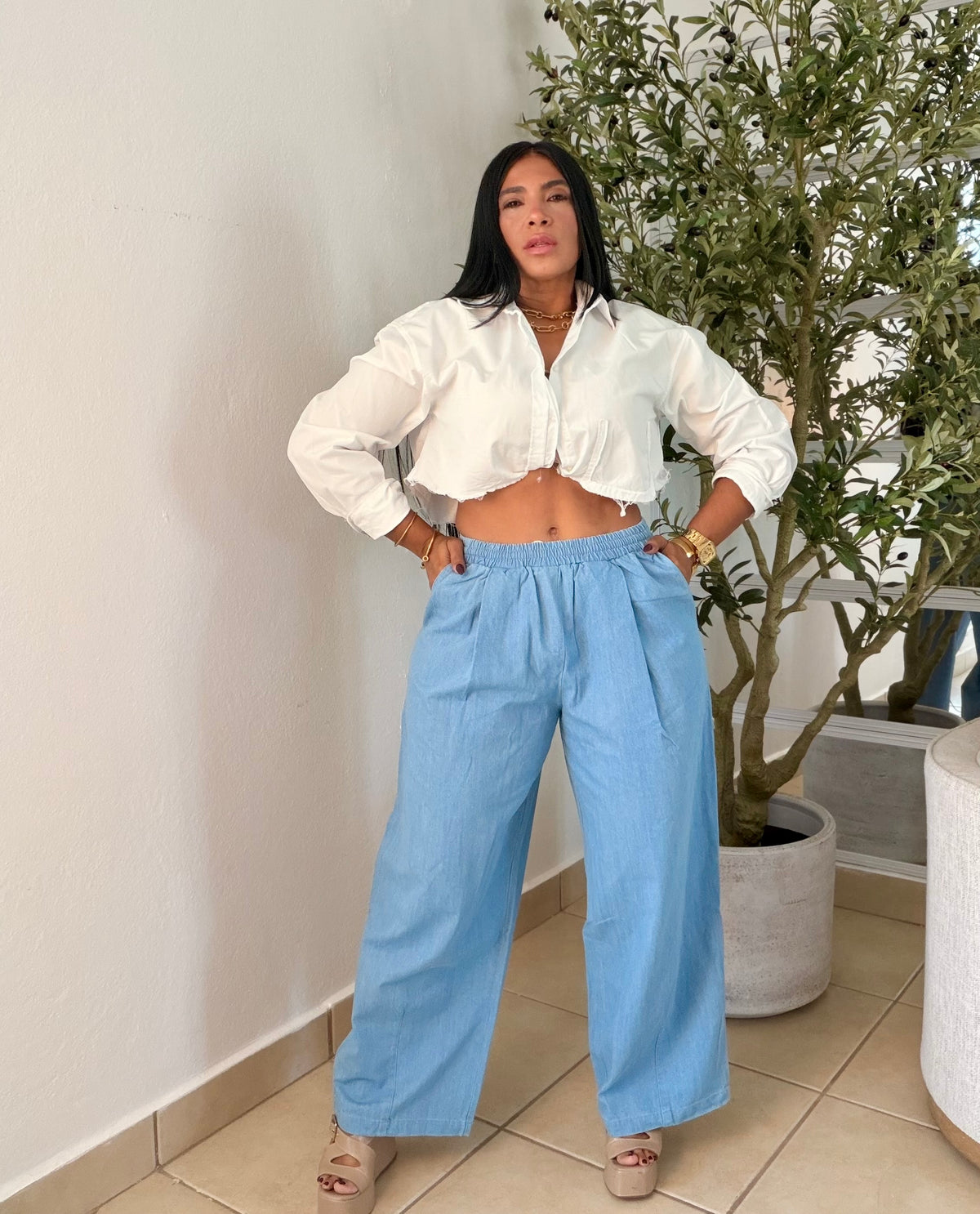 Oh Yeah! Light Denim Blue Baggy Wide Leg Spandex Pants! Esto es belleza! Tiene bolsillos