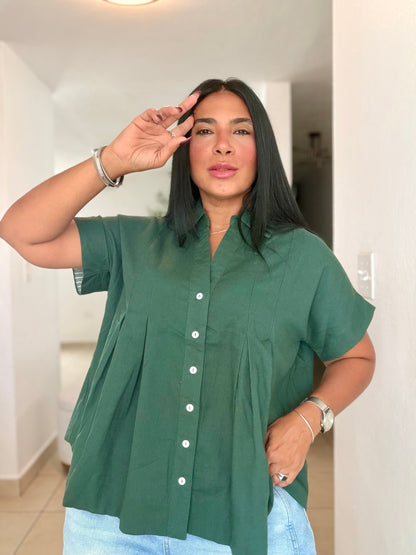 Luxe Hunter Green Linen Oversized Blusòn (mangas se usan de dos formas) Color Verde (SOLD OUT GRACIAS
