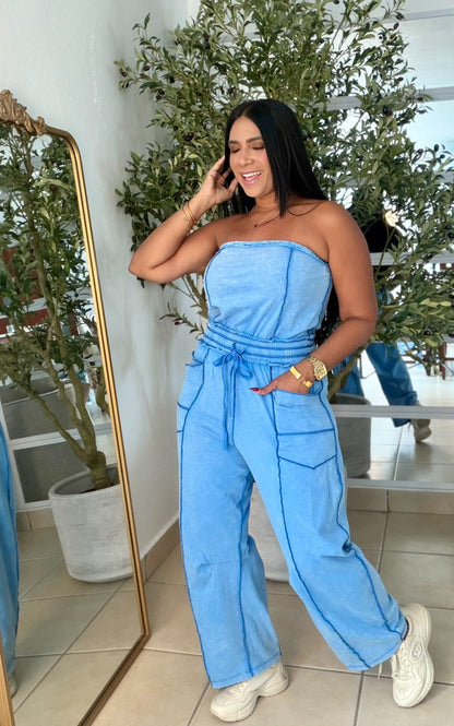 Azul Como Denim Expandible (Spandex) Total Baggy Jumpsuit con bolsillos