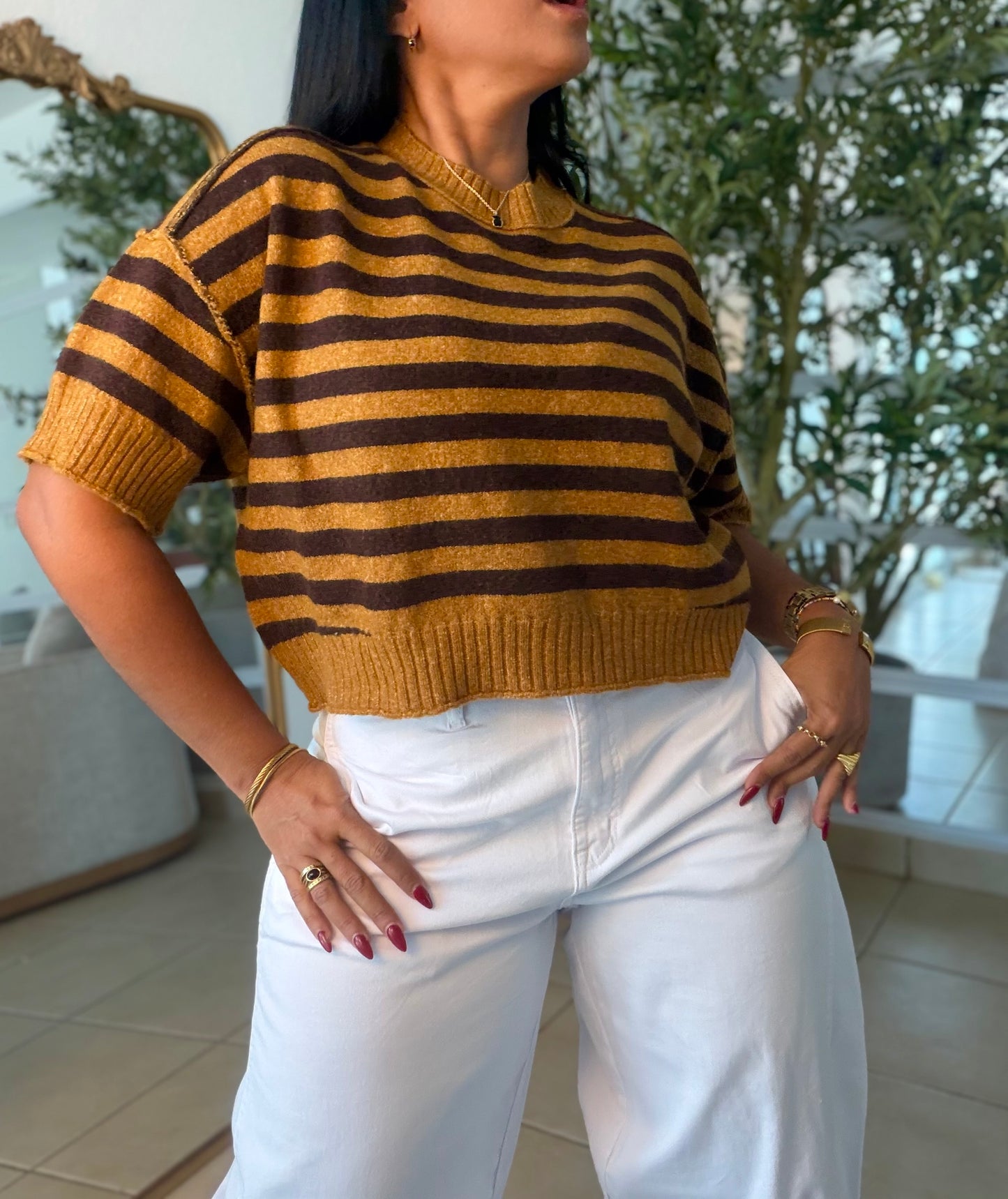 “Eva” Choco Brown and Mustard Oversized Top (top de lìneas)