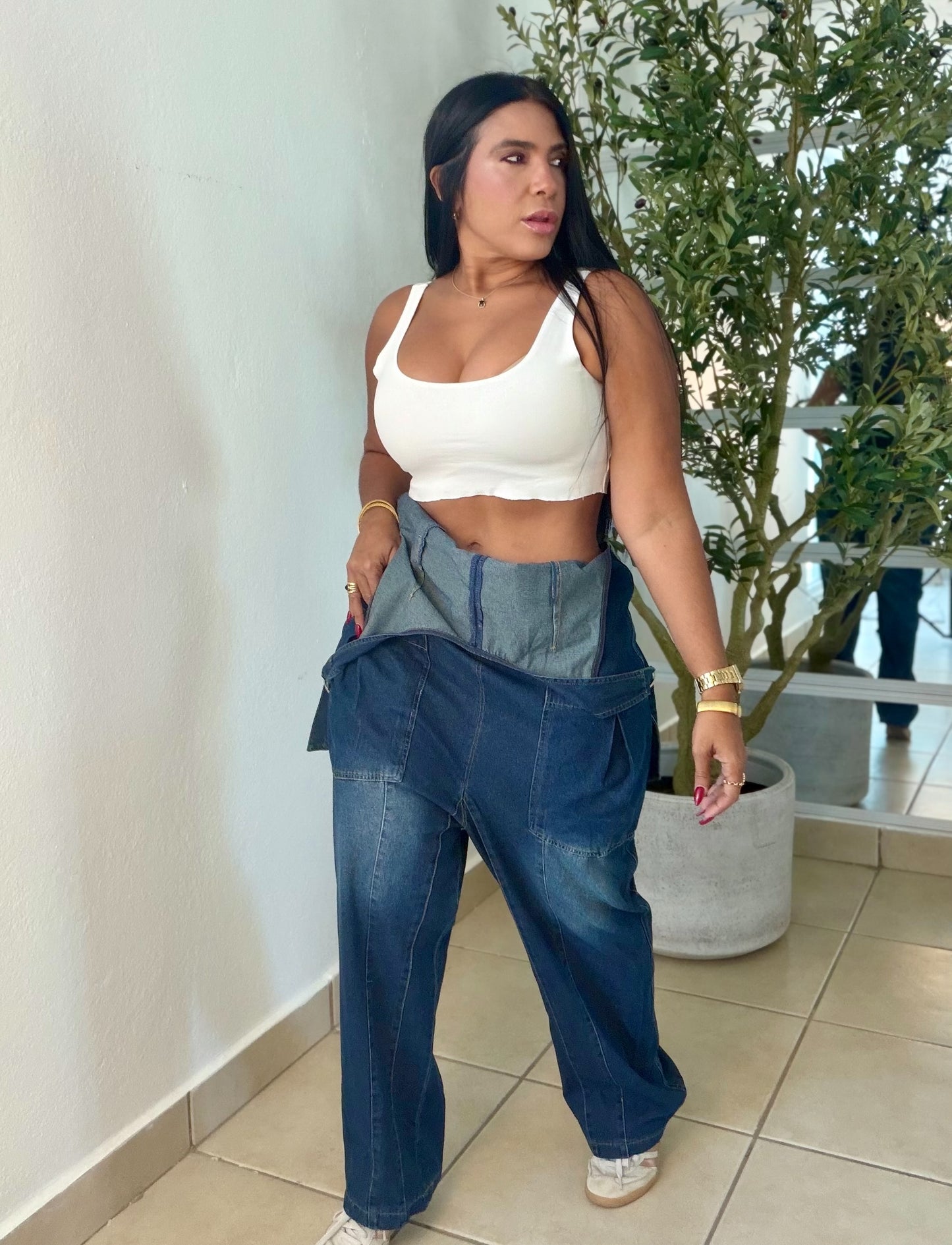 Baggy Dark Denim (azul oscuro) con bolsillos Overall Ajustable Mega Premium Barrel