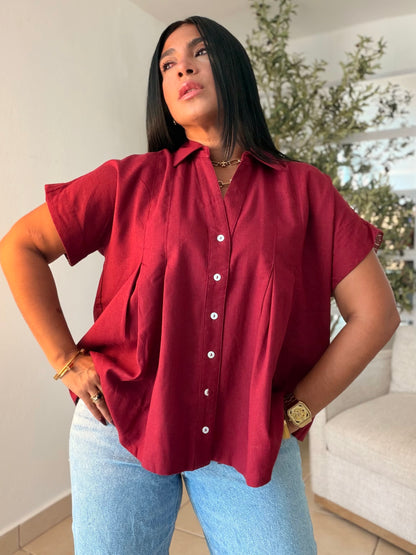 Luxe Red Wine Linen Oversized Blusòn (mangas se usan de dos formas) Rojo Wine(SOLD OUT GRACIAS)
