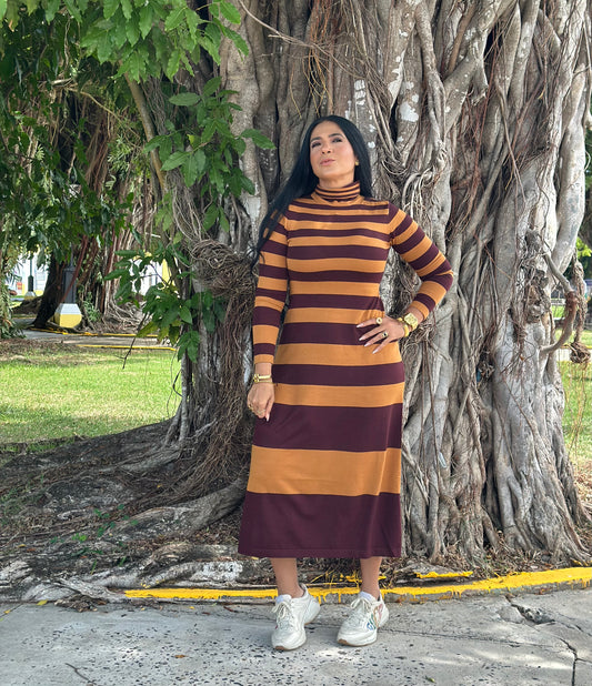 Chic Camel Stripe Midi Dress (Mega Spandex y Mega liviano)