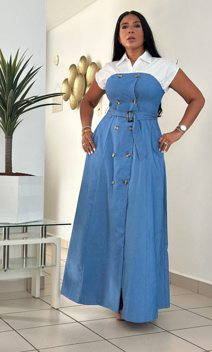 Ellas Spandex Blue DENIM Maxi Dress (Inclue cinturón removible, tiene bolsillos, liviano y totalmente suelto)