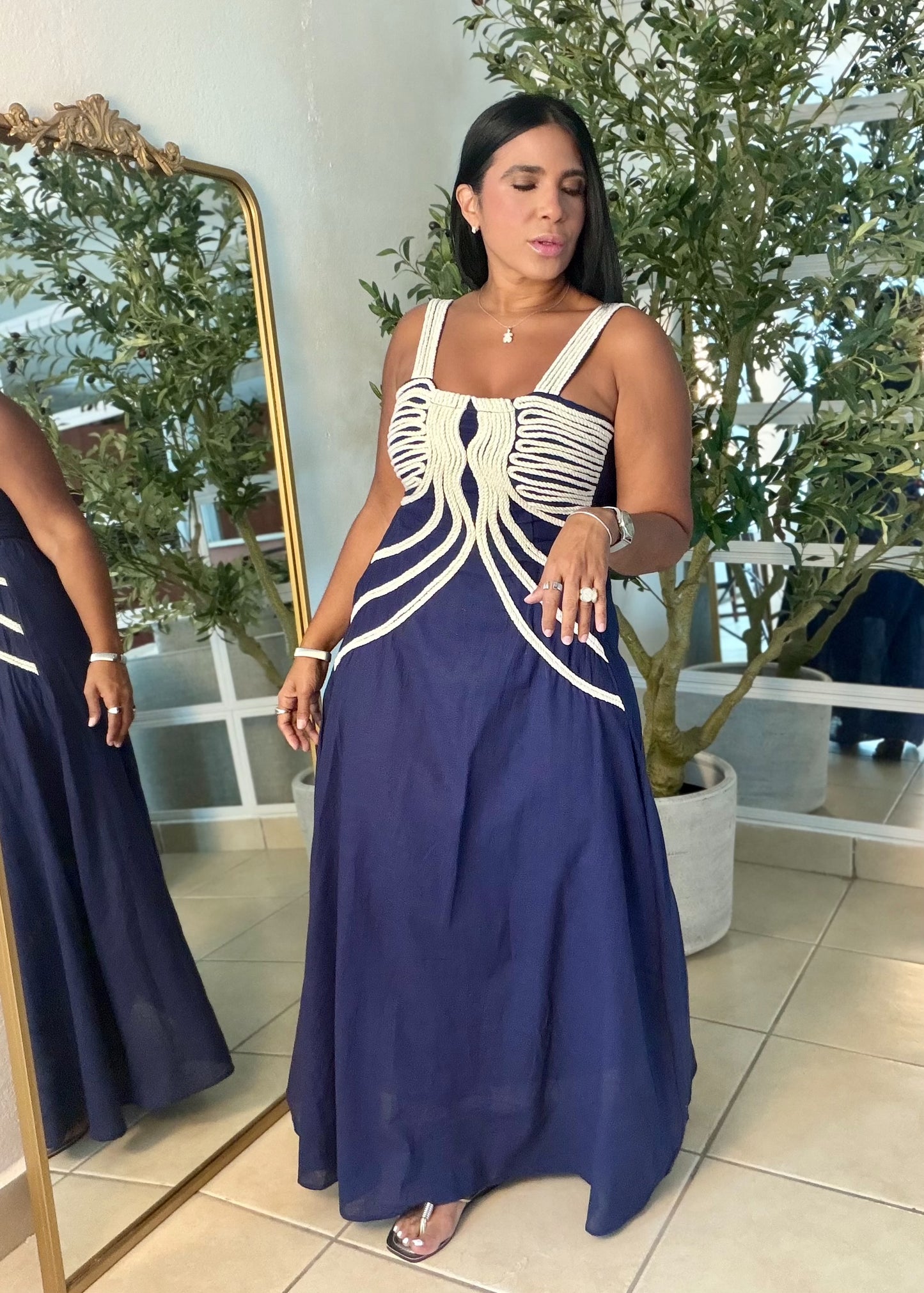 Palacios Crochet and Linen Spandex Doble forro suelto Maxi Dress (azul oscuro marino) Navy Blue
