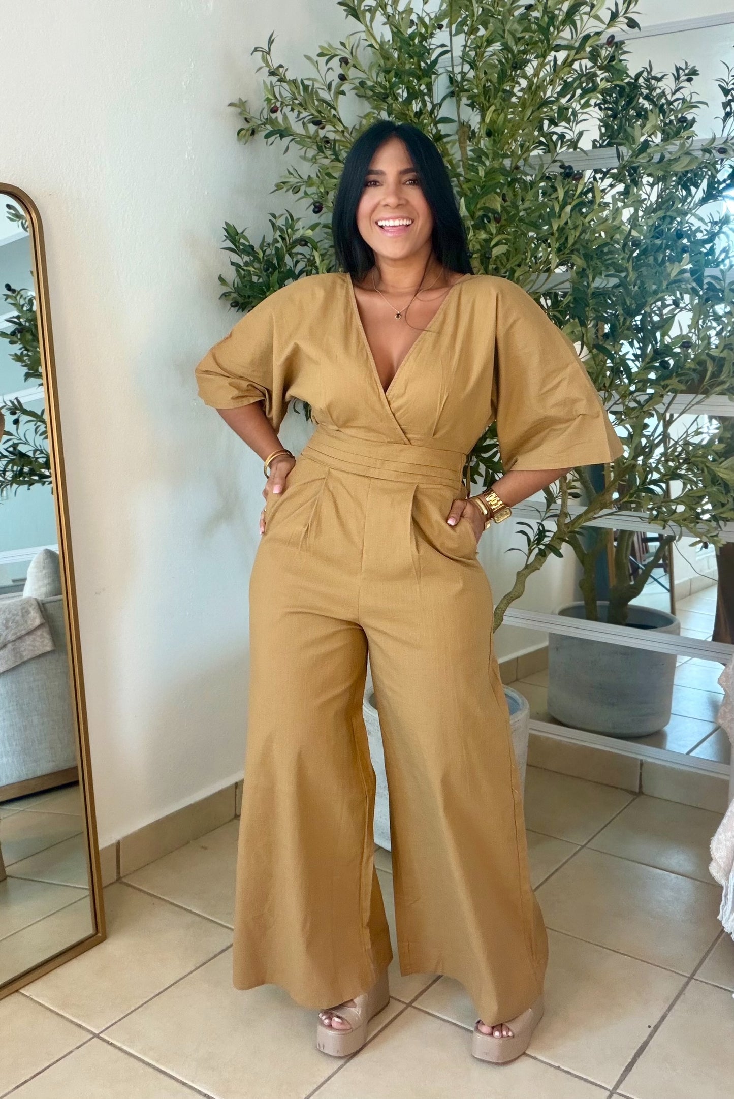 Bello Gold Taupè Bien Spandex Wide Leg Jumpsuit (tiene bolsillos)