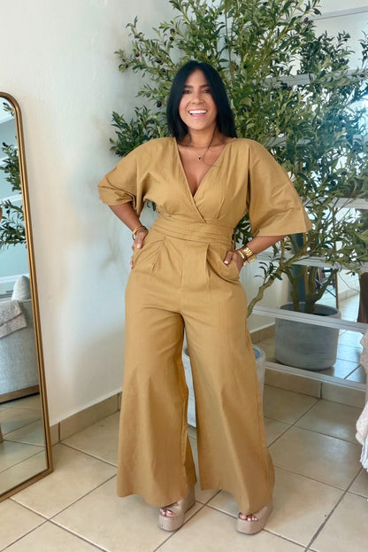 Bello Gold Taupè Bien Spandex Wide Leg Jumpsuit (tiene bolsillos)
