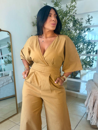 Bello Gold Taupè Bien Spandex Wide Leg Jumpsuit (tiene bolsillos)