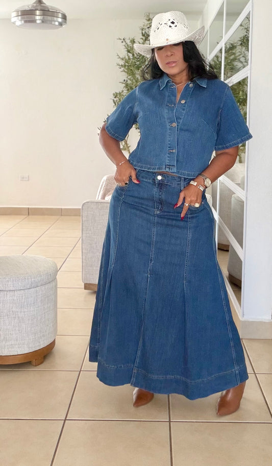 De Lujo Denim Blue Spandex Maxi Skirt y Oversized Top Set (tiene bolsillos) SOLD OUT