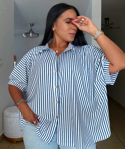 Ocean Blue Blue and White Oversized Stripe De Lujo Blusón