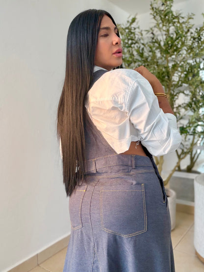 Como Denim!! Blue Spandex De lujo Midi Overall Dress. SPANDEX TOTAL Y AJUSTABLE (SOLD OUT GRACIAS)