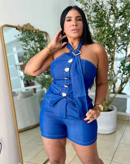 Set que simula Denim de Pantalòn y top spandex. Denim blue. Ùnico color