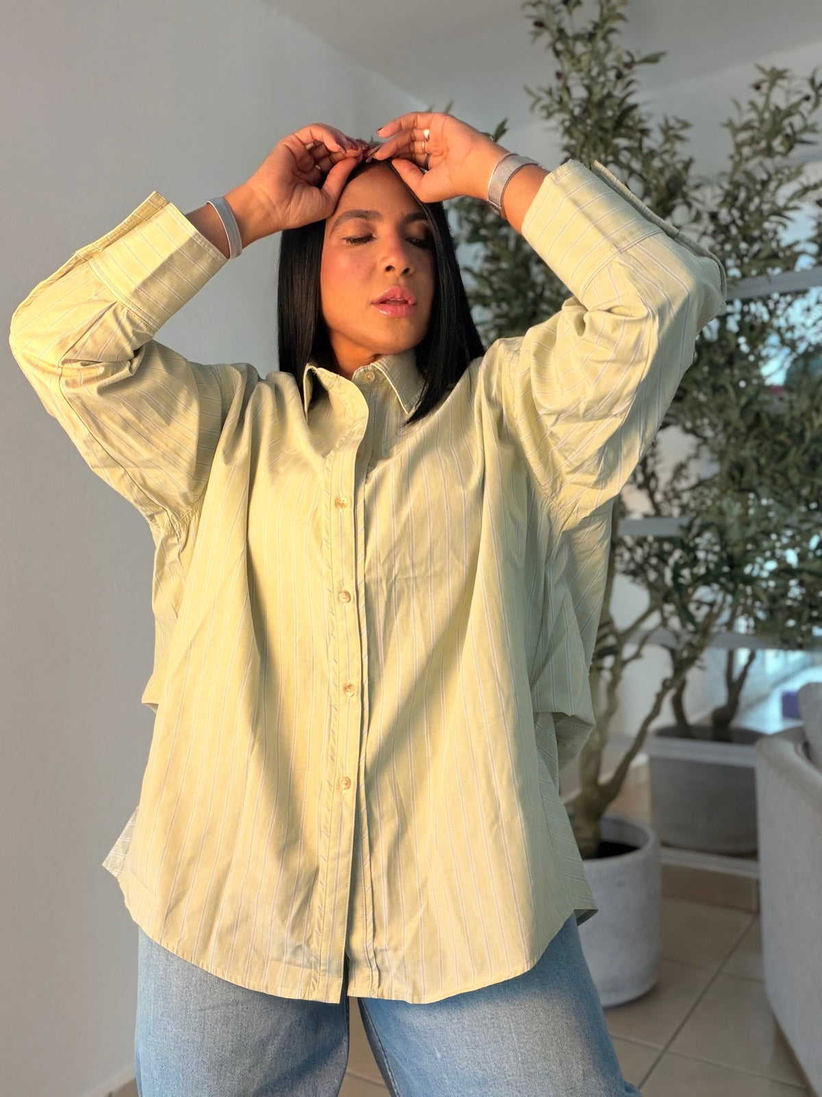 Olive Sage Green Striped (con lìneas) Oversized Shirt