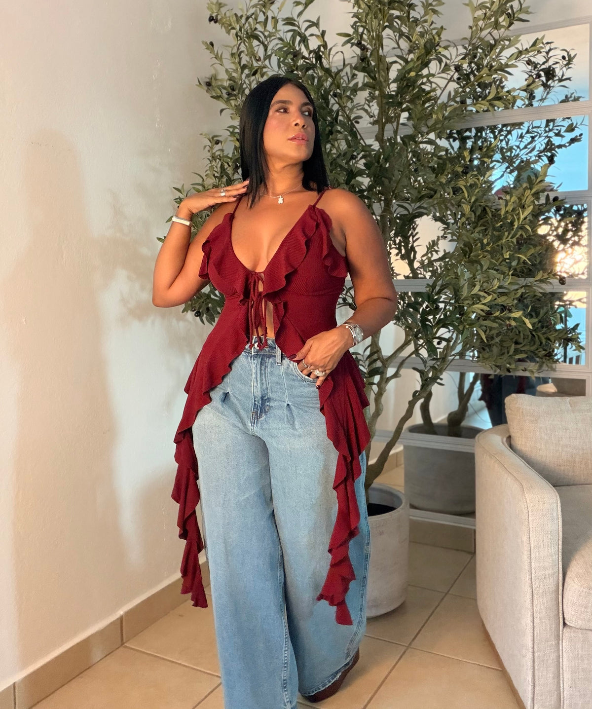 Red Wine Spandex y Ajustable Ruffle Top (COLOR RED WINE) SOLD OUT GRACIAS