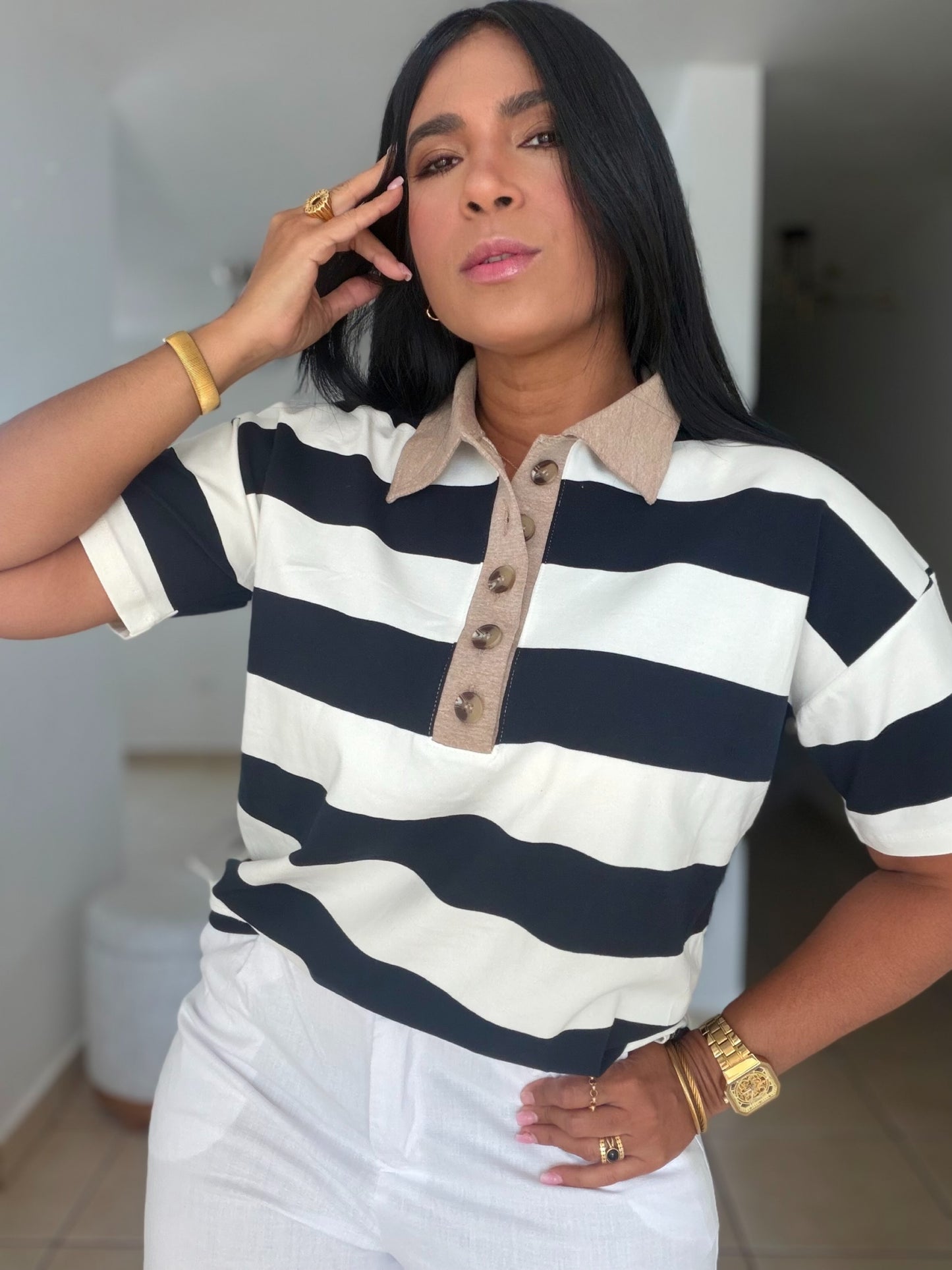 Blacky Black and White Luxe Spandex Mega Premium Striped Polo Shirt (SOLD OUT)