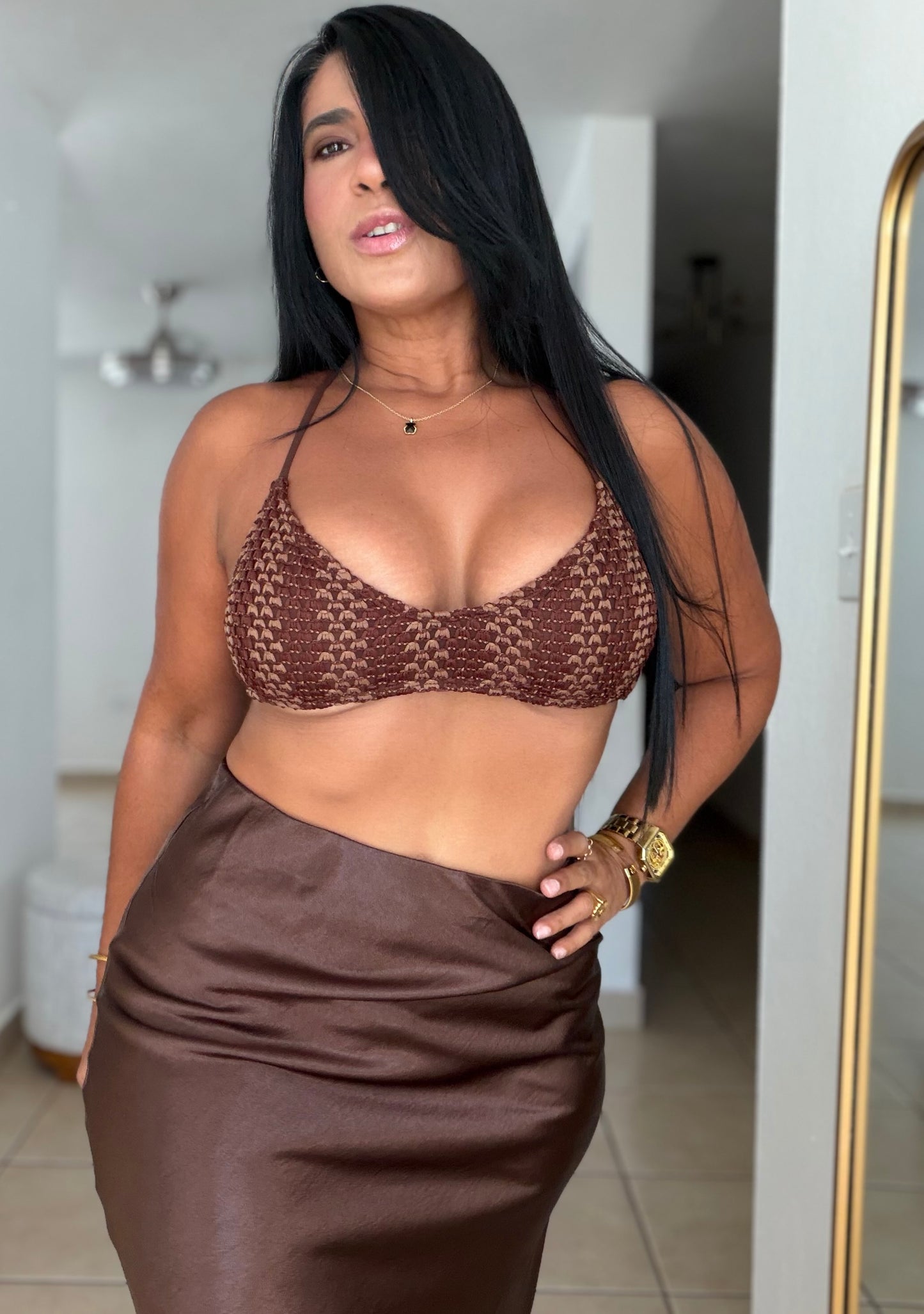 Texas Choco Brown Silk Spandex Midi Skirt (SOLD)