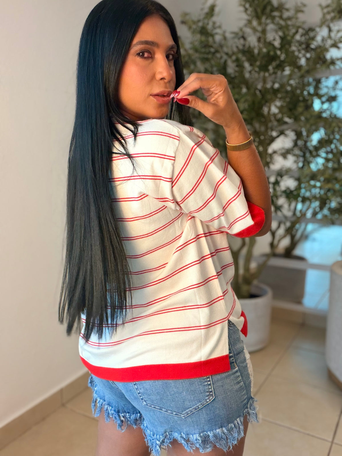 White and Red  Striped (lìneas) Oversized Premium Top Para todo el Año