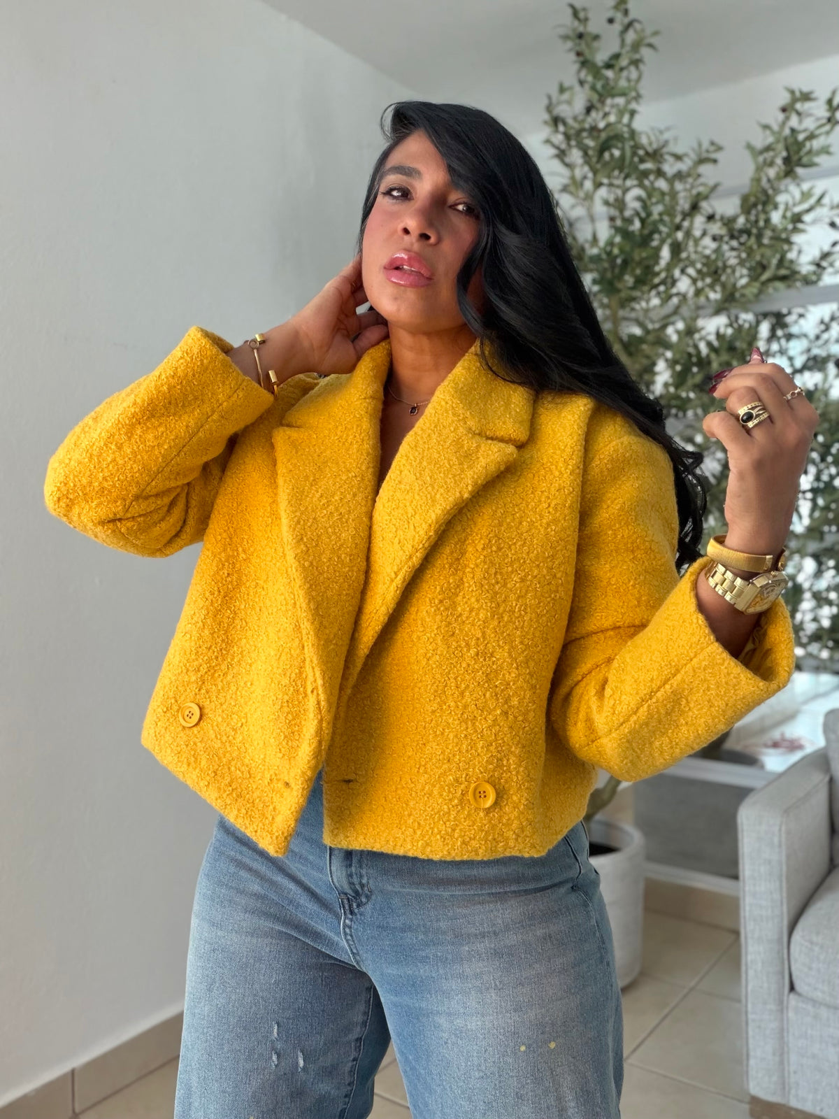 Vintage Yellow Mustard Luxurey Textured Premiun Oversized Jacket Top