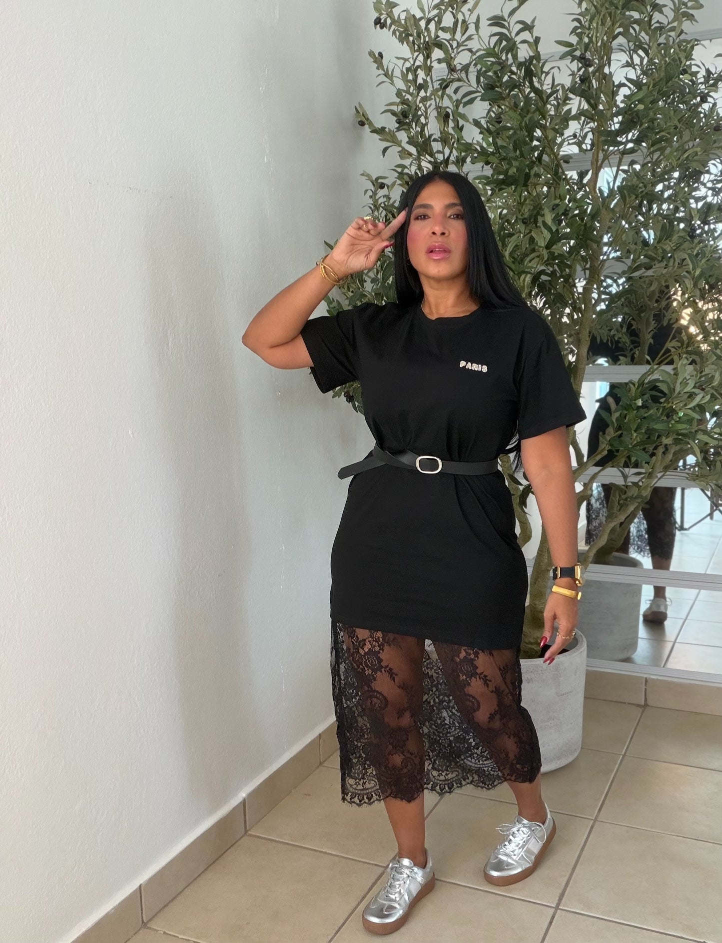 Paris Black Cotton and Premium Lace Spandex Shirt Dress (correa incluìda) color negro (SOLD OUT GRACIAS)