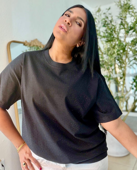 Oversized Premium Cotton Blacky Black Top con brillitos fijos (color Blanco) Luxury
