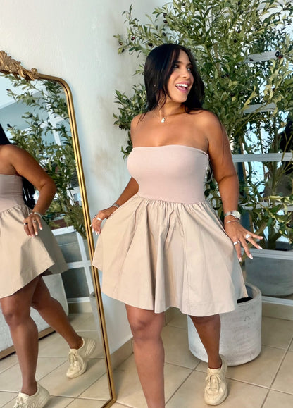 Veraneo Mocha Beige (color crema mocha) strapless dress con bolsillos (dress with pockets) 100 cotton