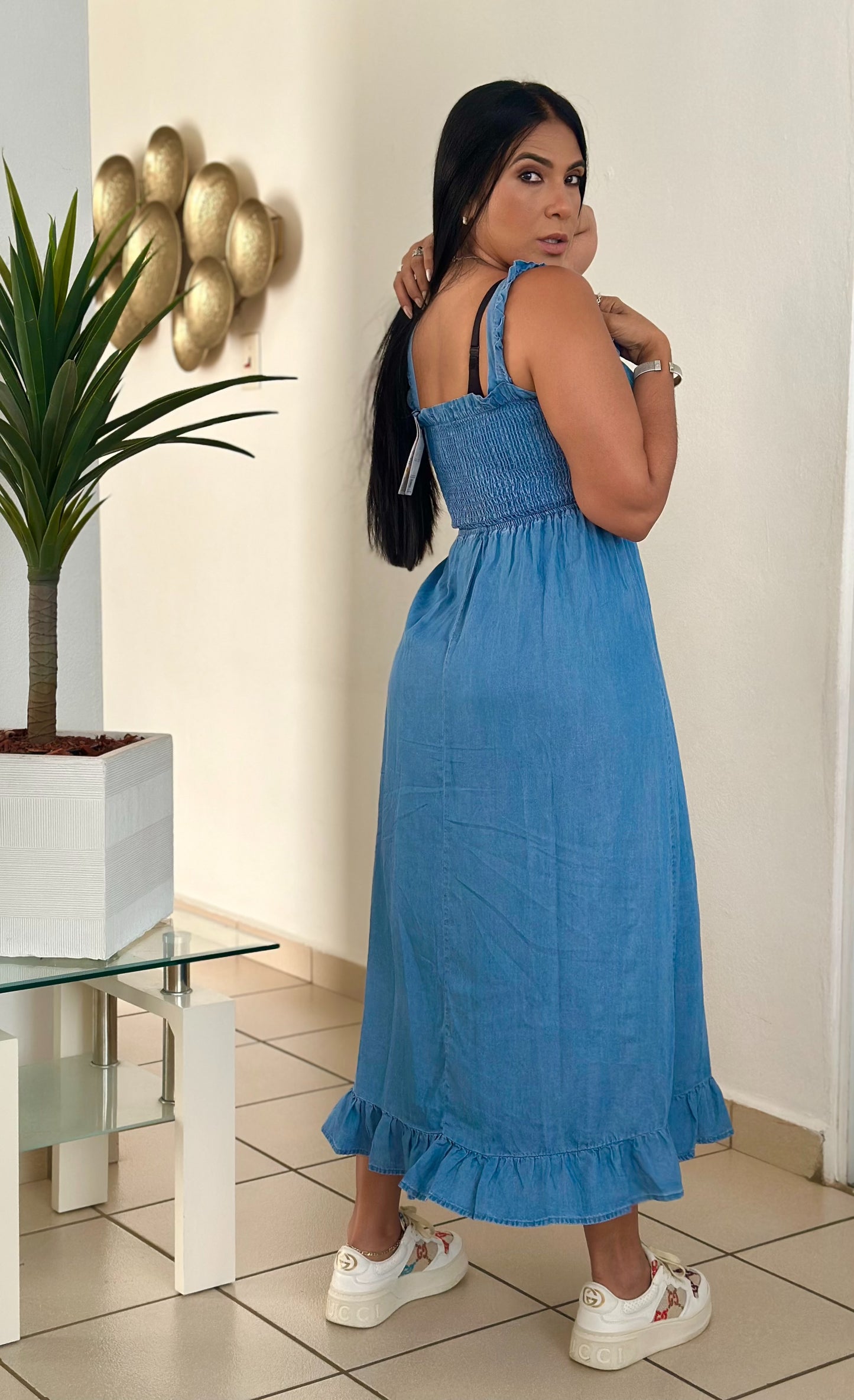 Caribe Blue Denim Spandex Midi Dress