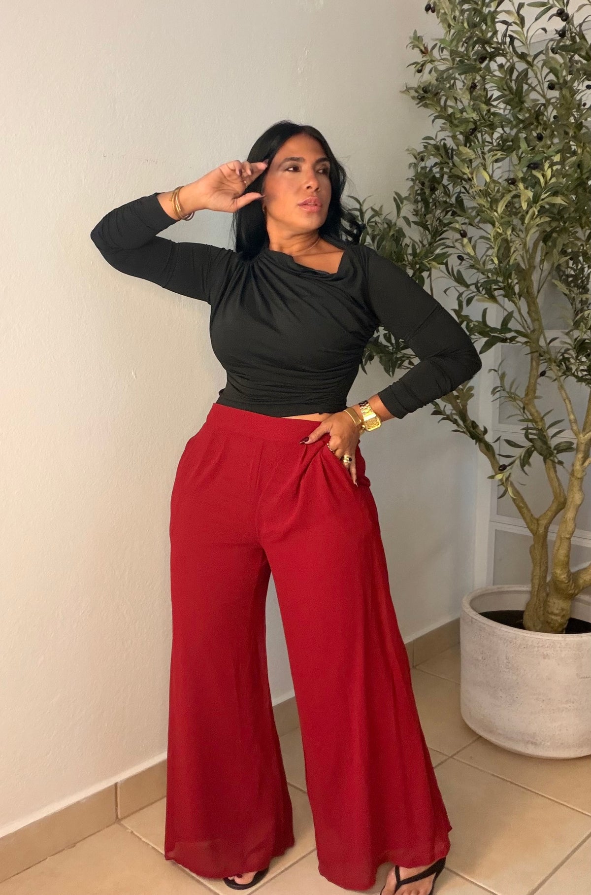 Luxe Red Wine Palazzo Spandex Pants (ben spandex es para quedar suelto porque es palazzo) con bolsillos