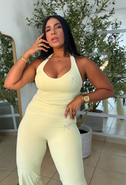 Nüra Lemon Green Spandex Sporty Top and Wide Leg Pants Set