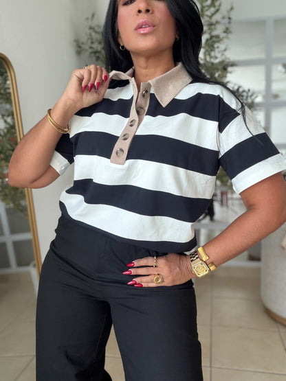 Blacky Black and White Luxe Spandex Premium Striped Polo Shirt (camisa con lìneas color negro) SOLD OUT