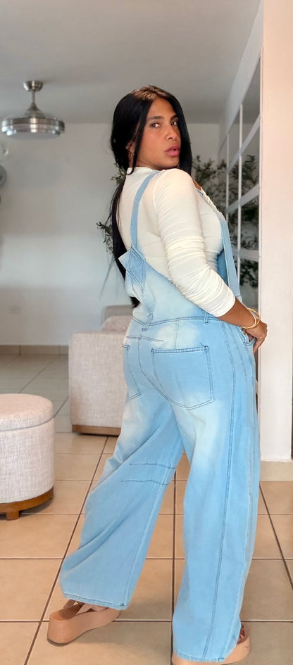 Baggy Barrel Spandex Overall Mega Premium.  Denim light Blue.