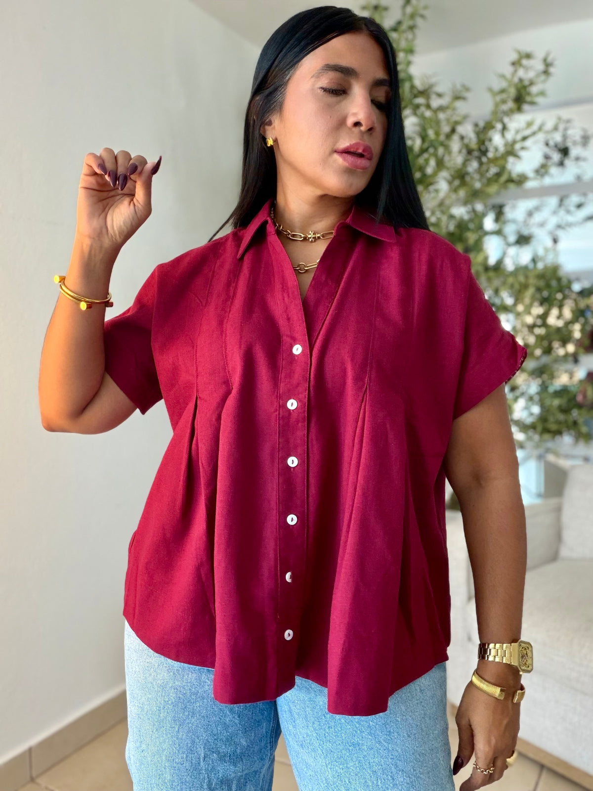 Luxe Red Wine Linen Oversized Blusòn (mangas se usan de dos formas) Rojo Wine(SOLD OUT GRACIAS)