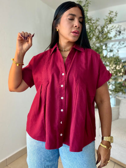 Luxe Red Wine Linen Oversized Blusòn (mangas se usan de dos formas) Rojo Wine(SOLD OUT GRACIAS)