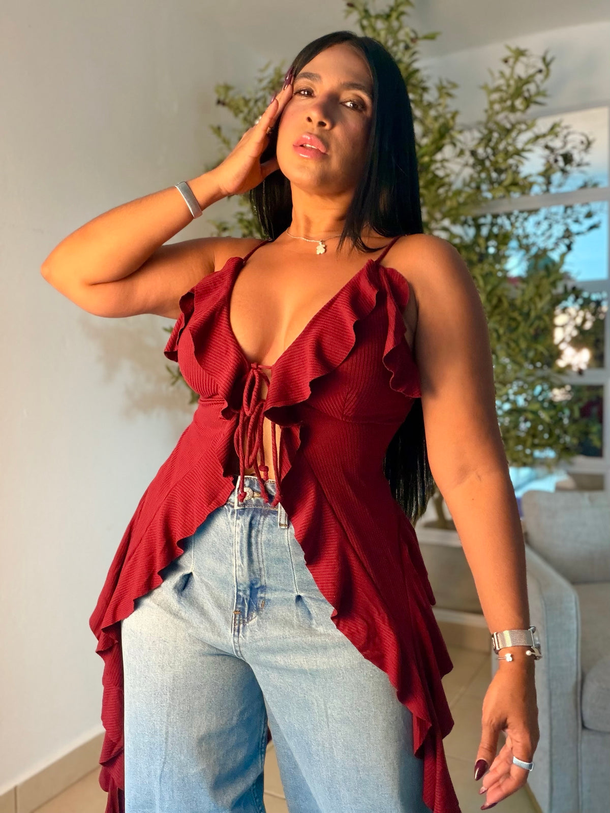 Red Wine Spandex y Ajustable Ruffle Top (COLOR RED WINE) SOLD OUT GRACIAS