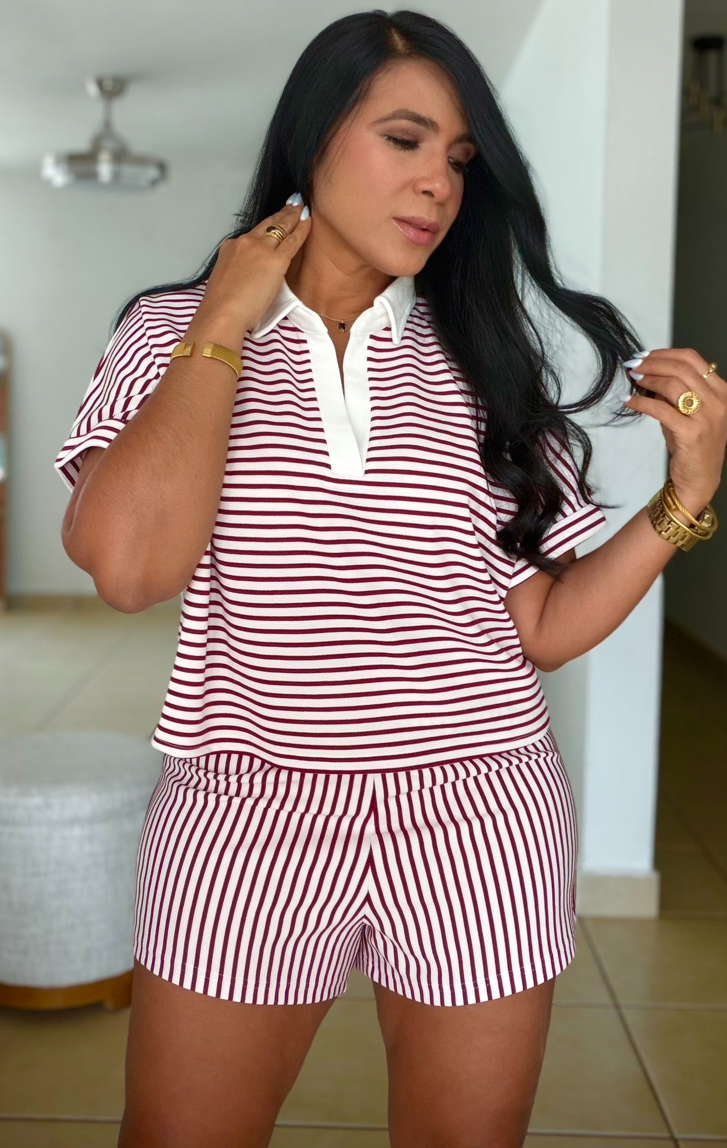 Cabernet Red Striped Spandex Luxe pants and Blusòn Shorts Set