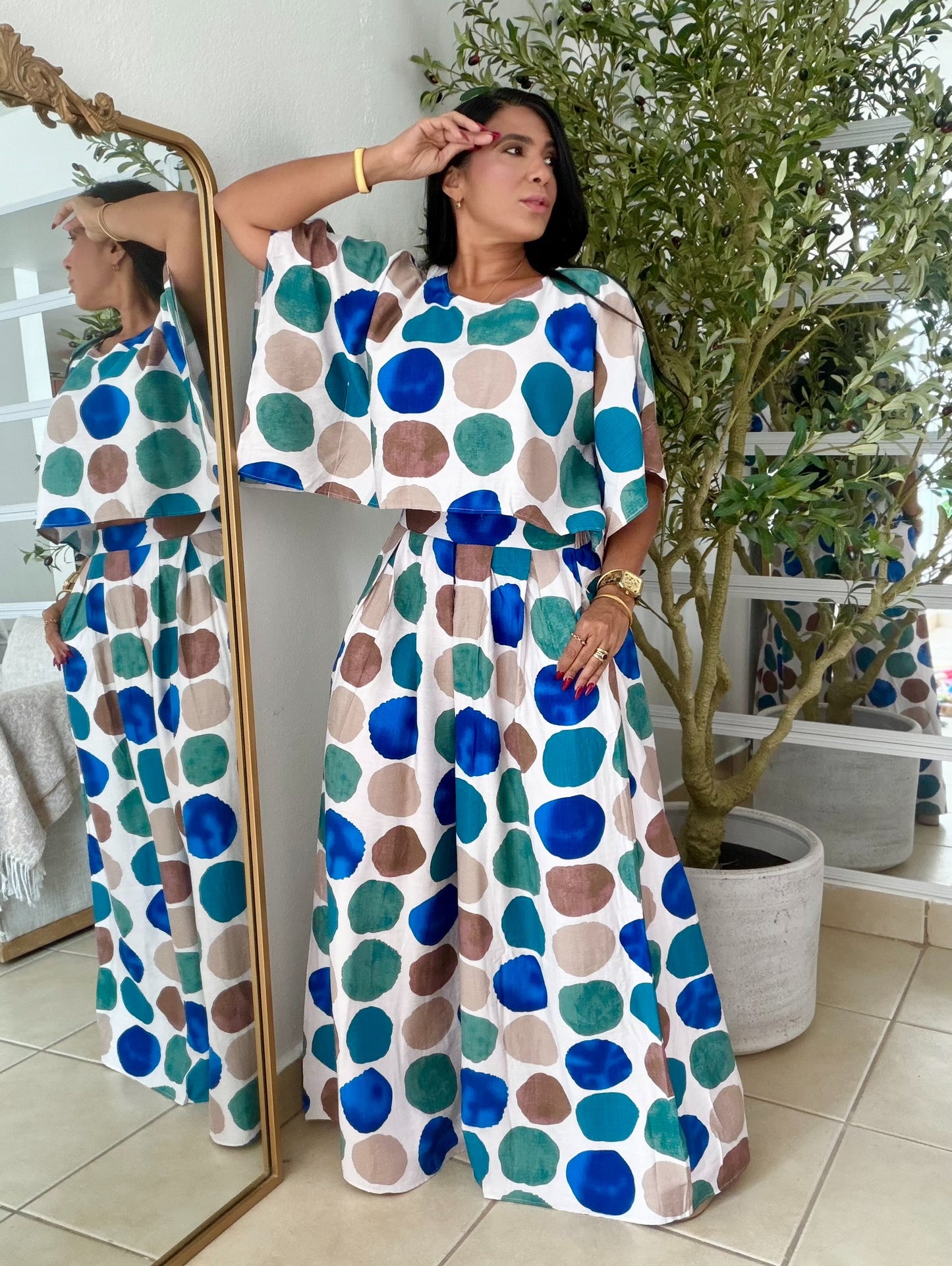 Polka Dots Spandex Palazzo Pants and Top Set Blue Multi de Lujo (tiene bolsillos)SOLD OUT GRACIAS