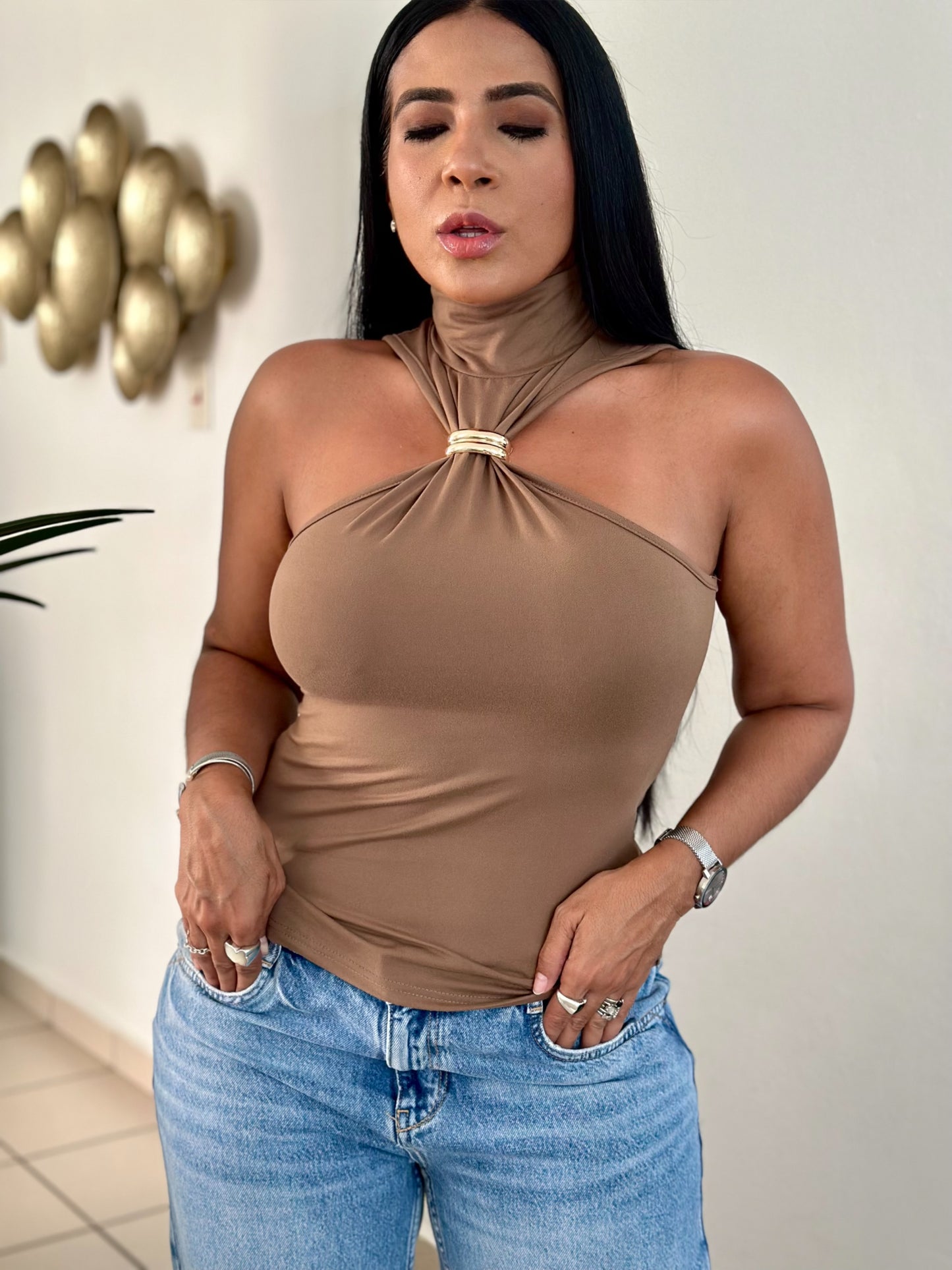 Choco Strecht Top With Gold Detail