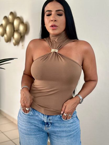 Choco Strecht Top With Gold Detail