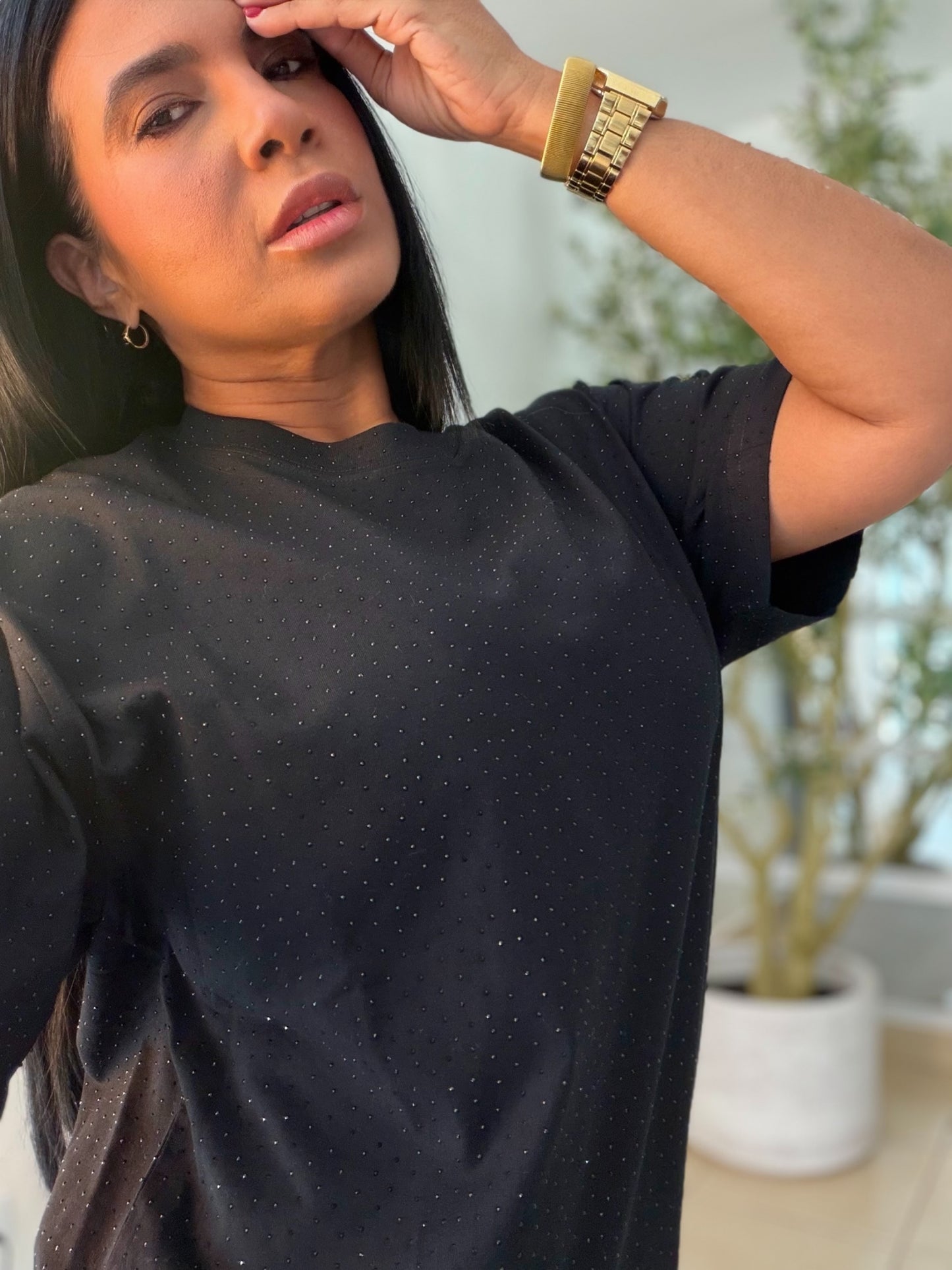 Oversized Premium Cotton Blacky Black Top con brillitos fijos (color Blanco) Luxury