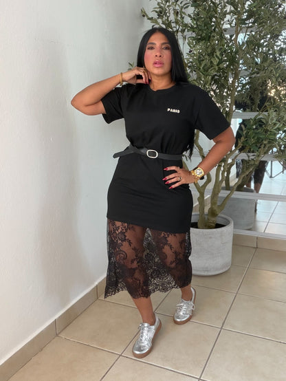 Paris Black Cotton and Premium Lace Spandex Shirt Dress (correa incluìda) color negro (SOLD OUT GRACIAS)