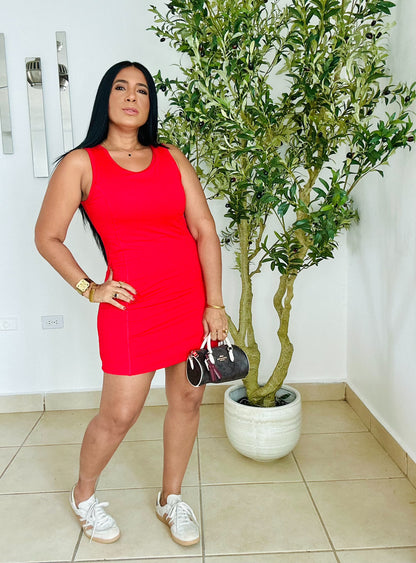 Red Red Spandex Premium Sporty Dress (tiene pantalón integrado y control de abdomen y bra integrado con pads)