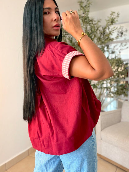 Luxe Red Wine Linen Oversized Blusòn (mangas se usan de dos formas) Rojo Wine(SOLD OUT GRACIAS)