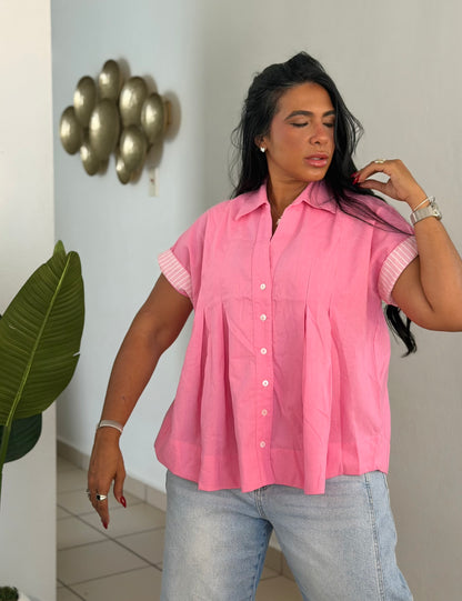 Luxe Bubble Pink Linen Oversized Blusòn (mangas se usan de dos formas) Rosa intensi de lujo puro