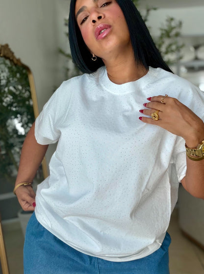 Oversized Premium CottonWhite Top con brillitos fijos (color Blanco) Luxury