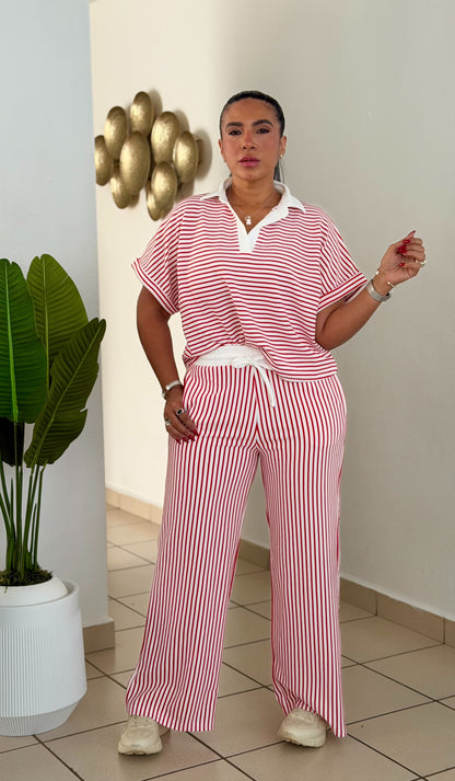 White and Red Striped Spandex Pants Set ( tiene bolsillos y único color) líneas rojas