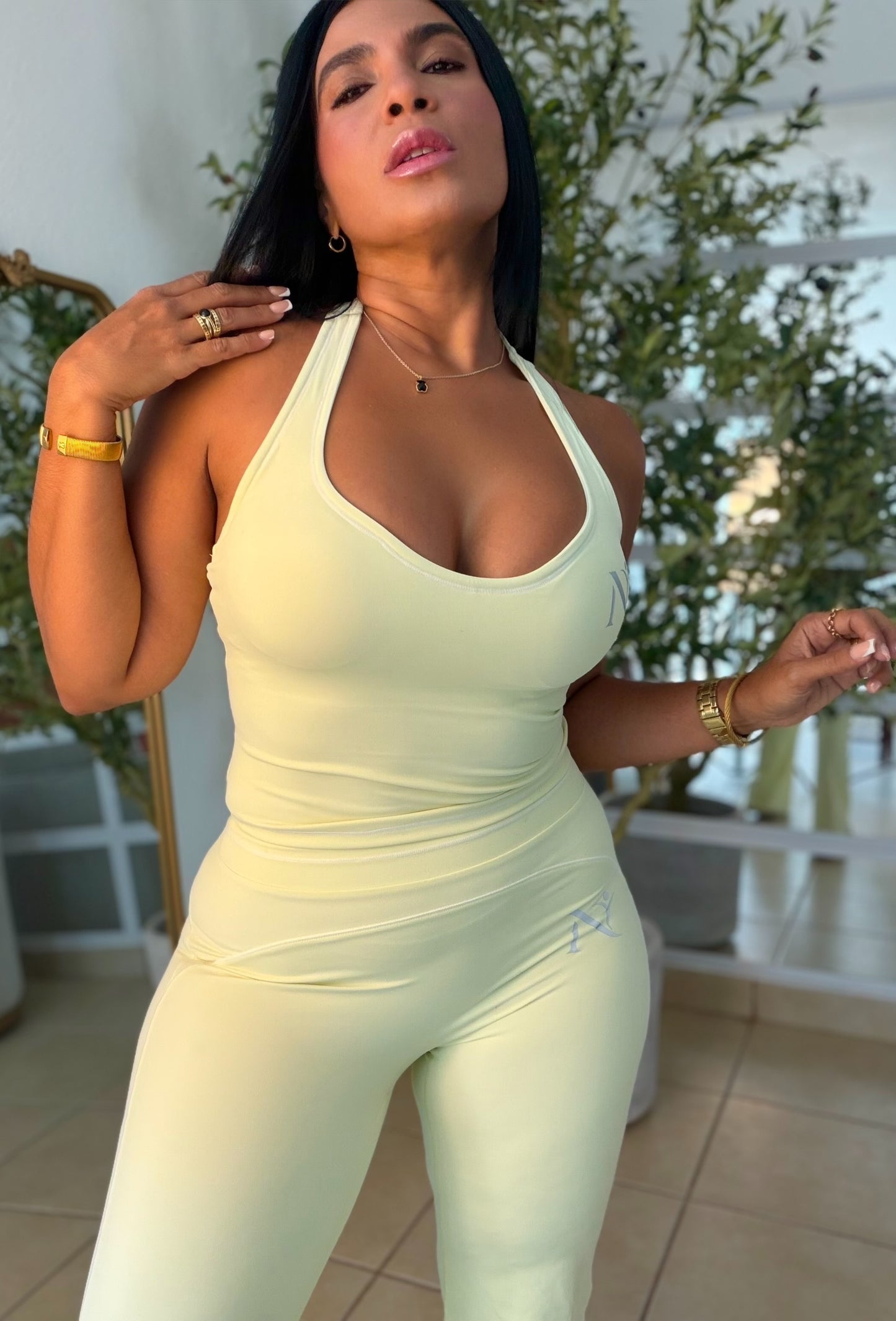 Nüra Lemon Green Spandex Sporty Top and Wide Leg Pants Set