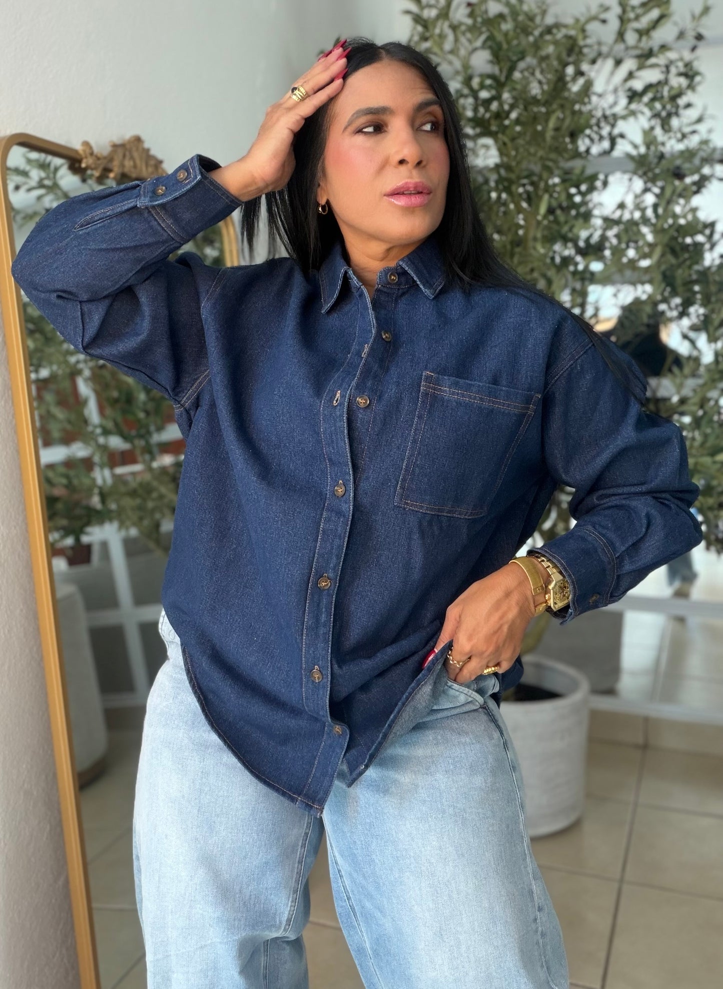 Denim Dark Blue Luxury Oversized Blouse