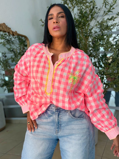 The Palms Luxe Oversized Gingham Blouse (Blusòn Oversized) Neon Multicolor