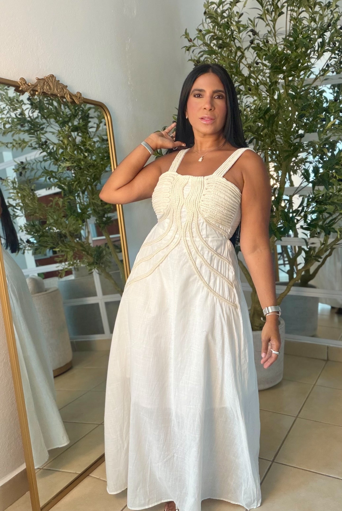 Palacios Crochet and Linen Spandex Doble forro Maxi Dress (NO CLAREA) White