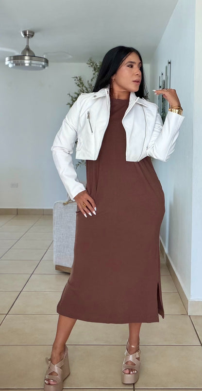 Oh Mua Choco Brown Spandex Midi Dress (ustedes ya saben)tiene bolsillos