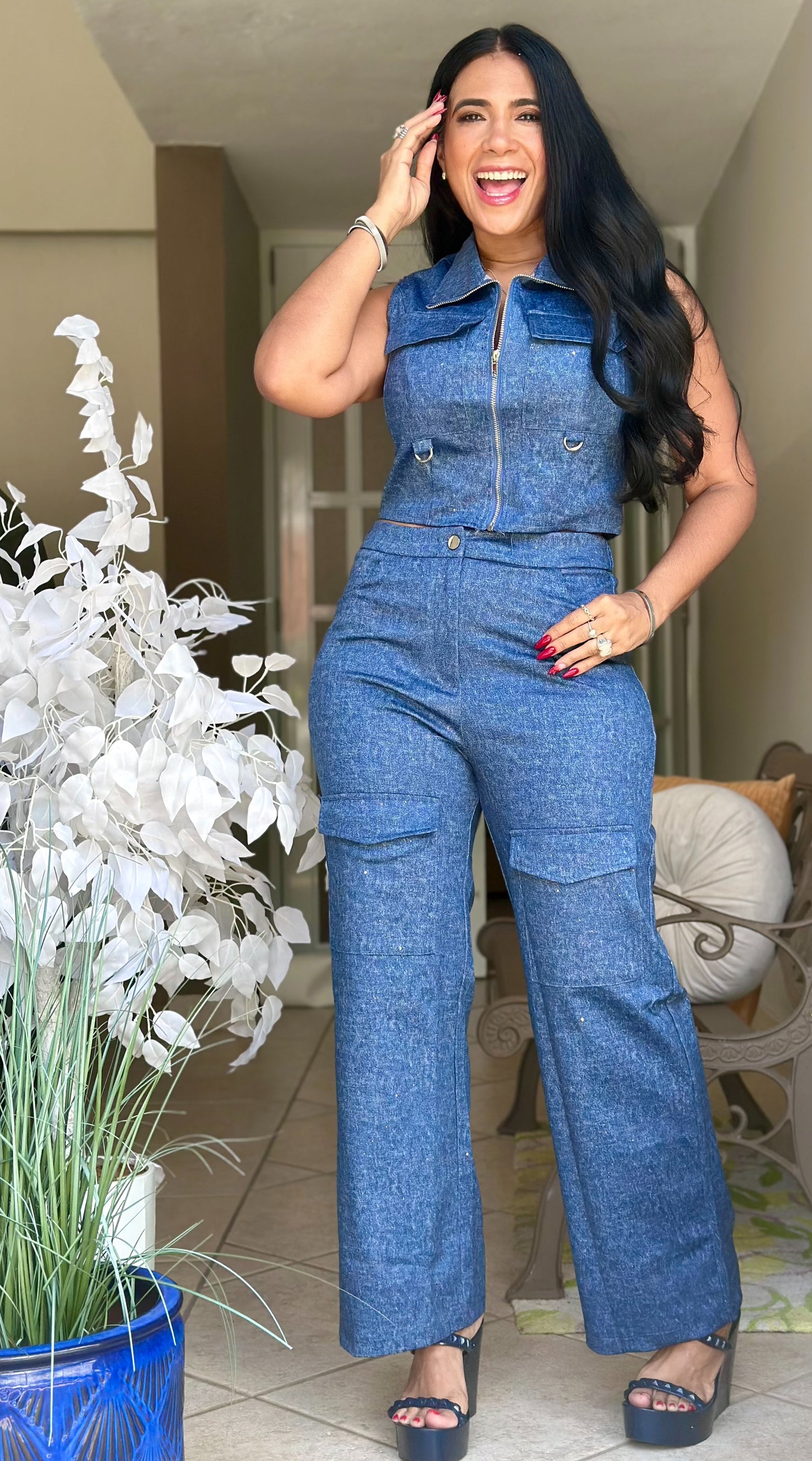 San Juan Como DENIM Mega Spandex VEST y Pantalón Set (tiene bolsillos)